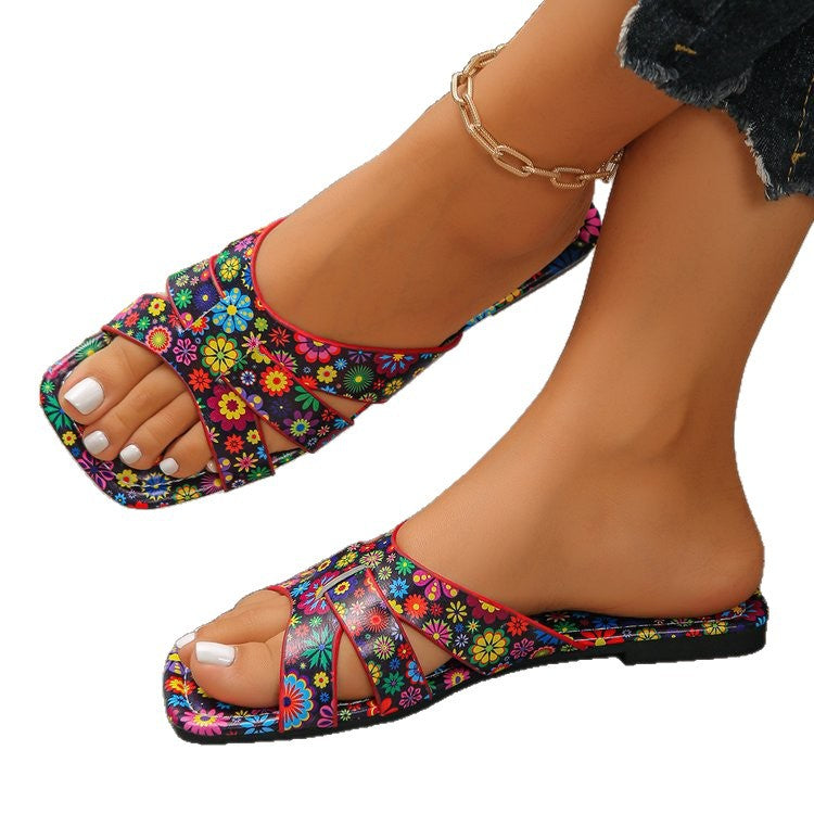 Damen modische Riemensandalen mit buntem Blumenmuster EB