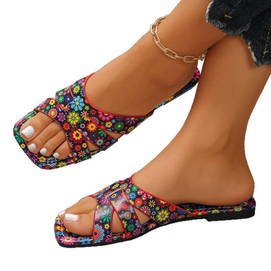 Damen modische Riemensandalen mit buntem Blumenmuster EB
