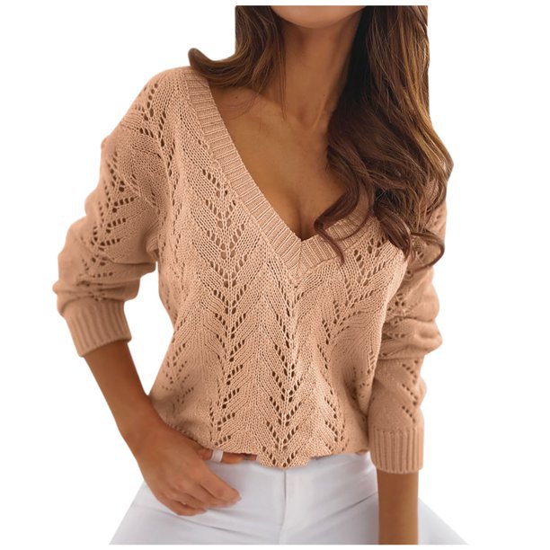 Damen Strickpullover mit Häkelmuster und V-Ausschnitt EB