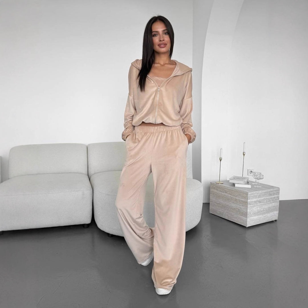 Damen Dreiteiliges Velours-Loungewear-Set mit Cropped-Top, Zip-Hoodie und weitem Palazzo-Hosenbein EB