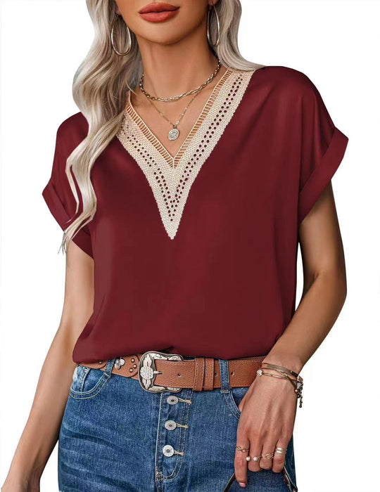 Damen Satin Bluse mit elegantem V-Ausschnitt und raffinierten Spitzenakzenten EB