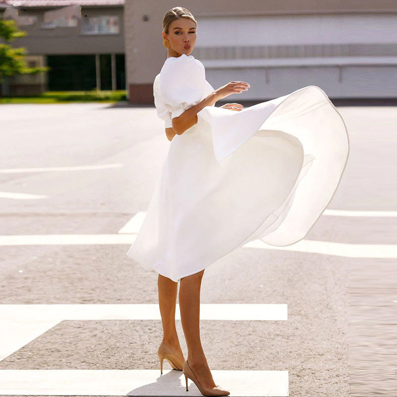 Damen A-Linie Kleid mit Puffärmeln und Taillierung EB