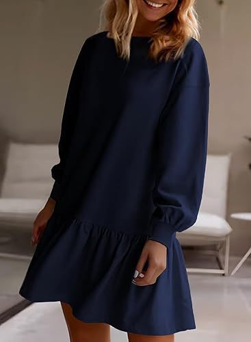 Damen lässiges Sweatkleid mit voluminösen Ärmeln und Rüschensaum EB