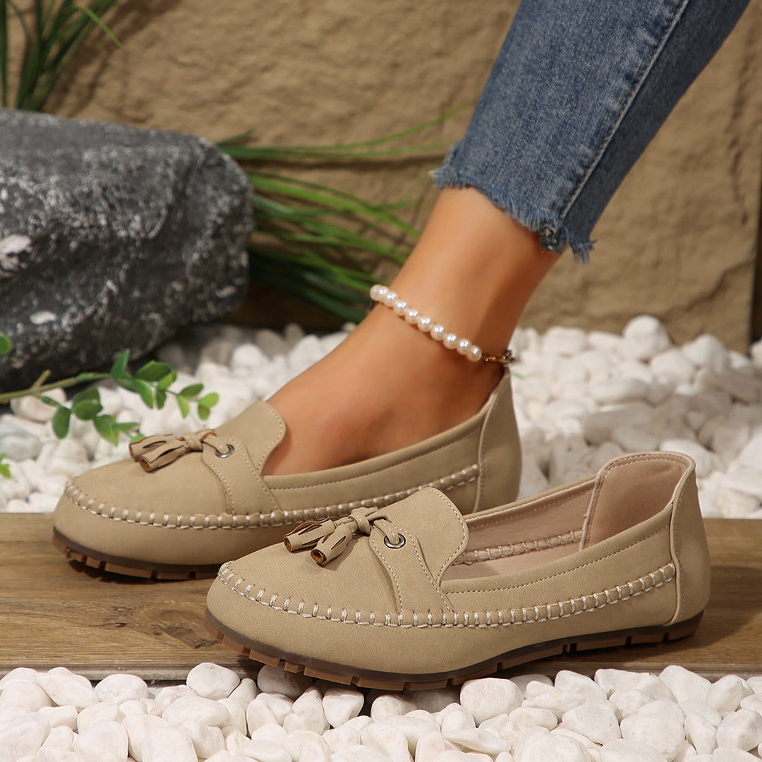Damen  klassische Mokassin-Slipper mit Quasten, handgenähter Rahmennaht und rutschfester Gummisohle EB