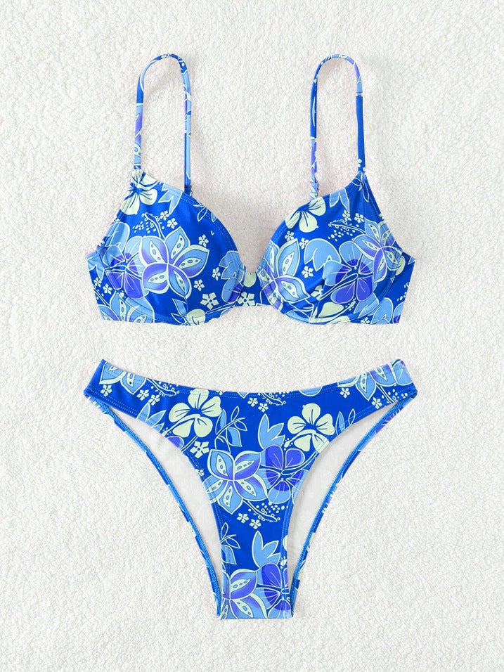 Damen gepolsterter Triangel-Bikini mit floralem Design und verstellbaren Trägern EB