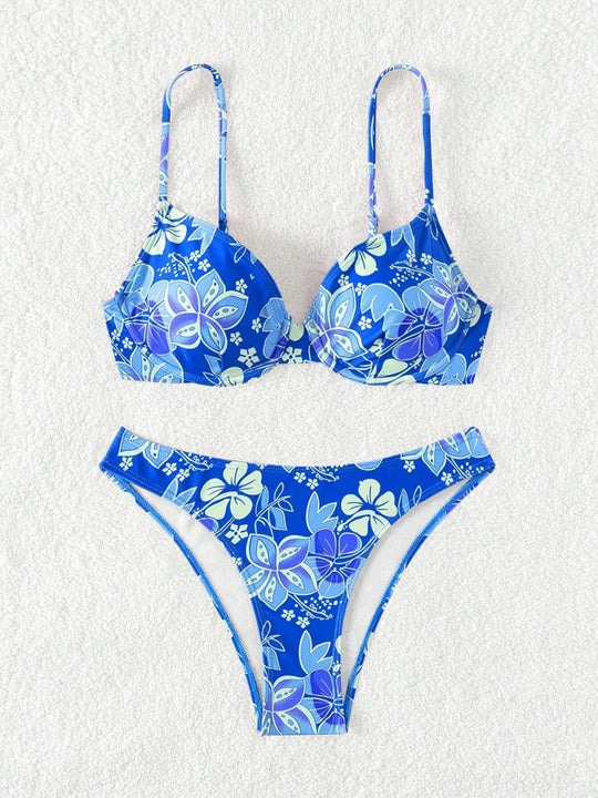 Damen gepolsterter Triangel-Bikini mit floralem Design und verstellbaren Trägern EB