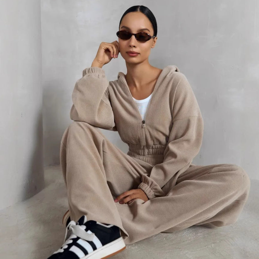 Damen nan kurzes Kapuzen-Loungewear-Set mit durchgehendem Reißverschluss, elastischem Komfortbund und gerippter Struktur EB