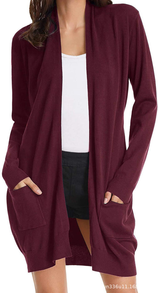 Damen Lange Strickjacke mit offenen Front und praktischen Taschen EB