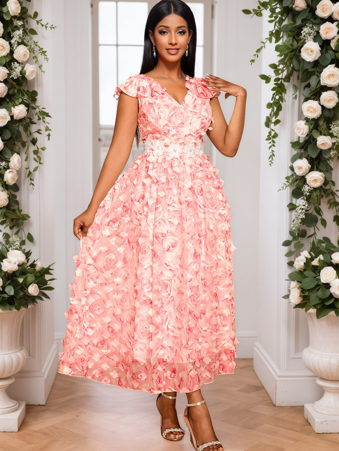 Damen Elegantes Maxikleid mit floralen Rüschen EB
