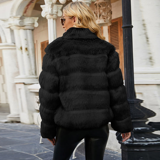 Damen Kurze Kunstpelzjacke mit voluminösen Ärmeln EB