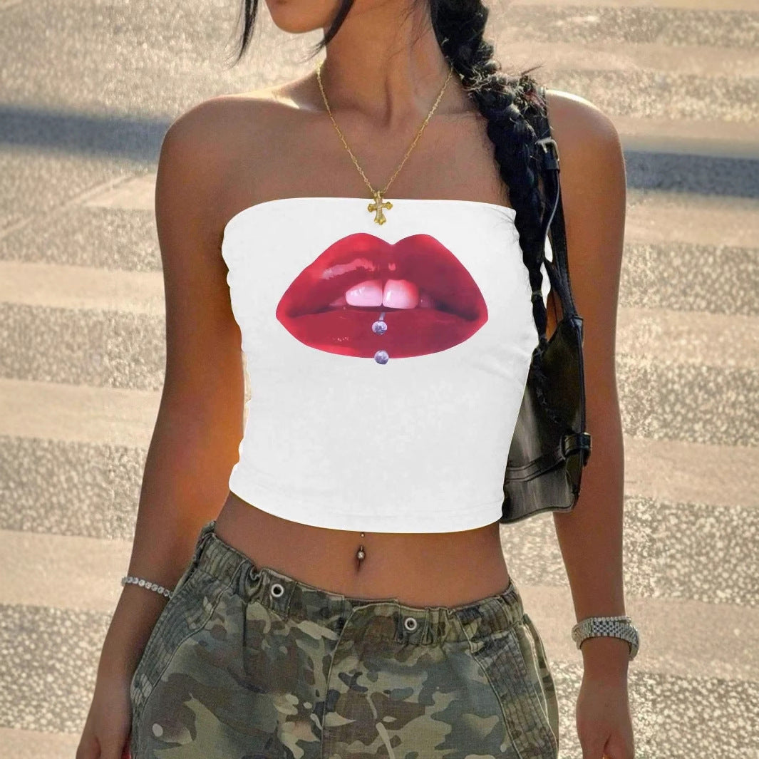 Damen Bandeau-Top mit auffälligem Lippenmotiv und figurbetontem Schnitt EB