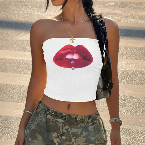 Damen Bandeau-Top mit auffälligem Lippenmotiv und figurbetontem Schnitt EB