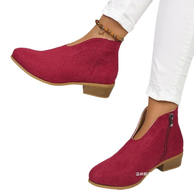 Damen nan knöchelhohe Stiefelette mit V-Ausschnitt, weichem Obermaterial und leichtem Holzblockabsatz EB