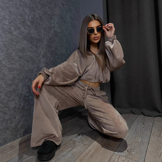 Damen luxuriöses Velours-Cropped-Hoodie und High-Waist Weite Jogginghose Set EB