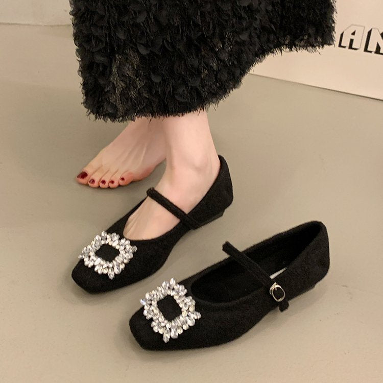 Damen Filz-Ballerinas mit eleganter Schnallenverzierung und funkelndem Kristallschmuck EB