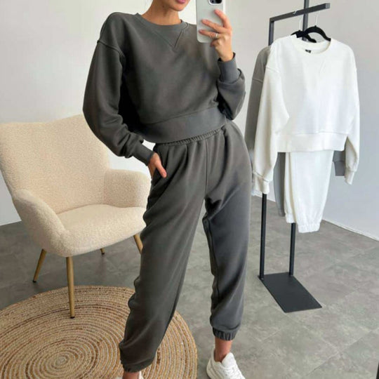 Damen nan Cropped-Sweater-Set mit V-Nahtdetail und hoher Taille Jogginghose EB