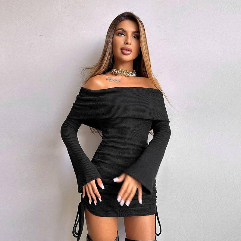Damen Off-Shoulder Mini-Kleid mit Raffung und langen Ärmeln EB