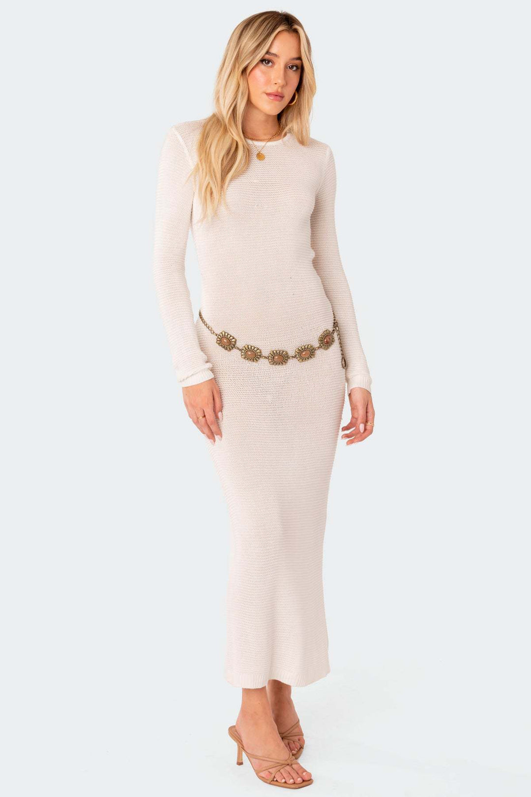 Damen elegantes Strick-Maxikleid mit Schnittdetails und stilvollem Ärmel EB
