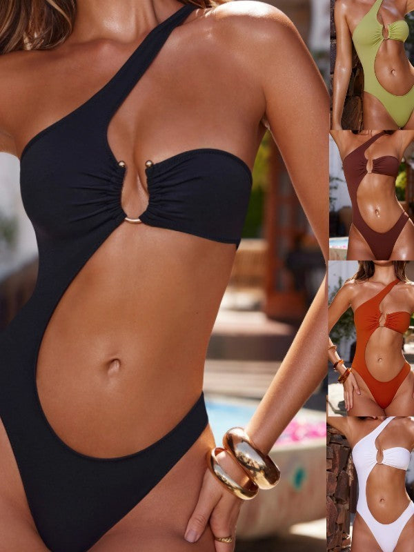 Damen Einseitiger Badeanzug mit Dekorativem Cut-Out und Rüschendetail EB