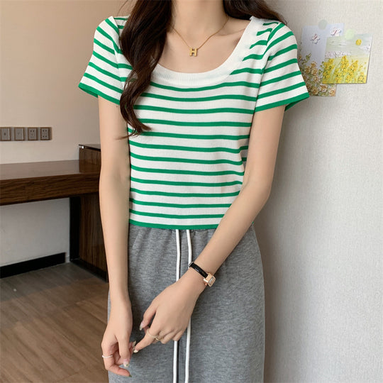 Damen cropped Streifenoberteil mit modernem Knoten-Design und elastischem Saum EB