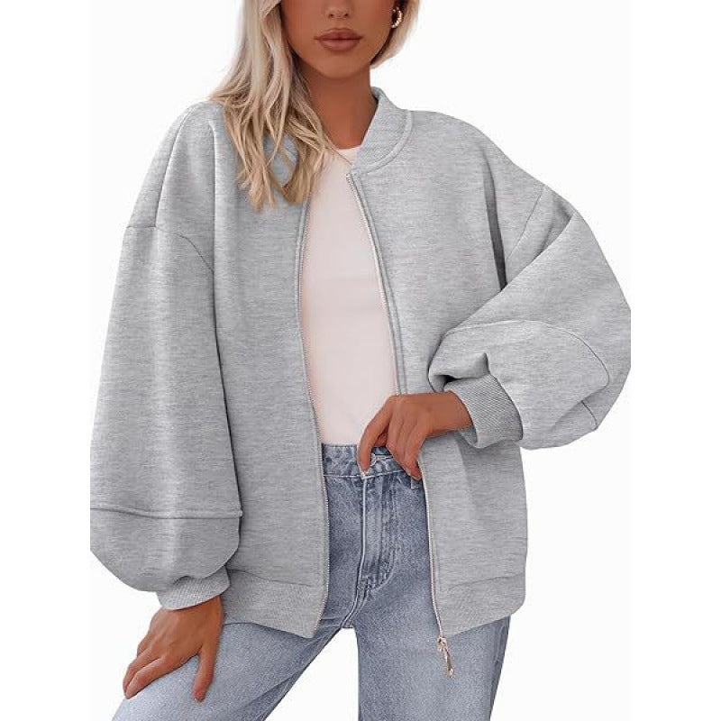 Damen lässige Oversized-Jacke mit Reißverschluss und ballonen Ärmeln EB