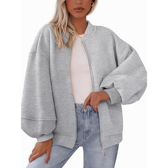 Damen lässige Oversized-Jacke mit Reißverschluss und ballonen Ärmeln EB