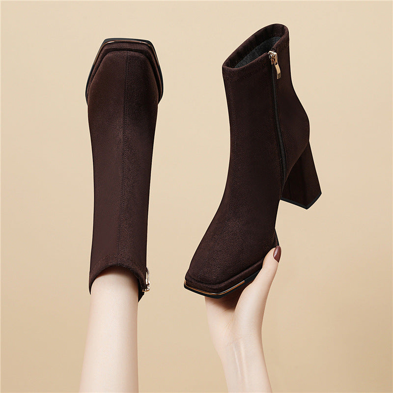 Damen stilvolle Stiefeletten mit Blockabsatz und Reißverschluss EB