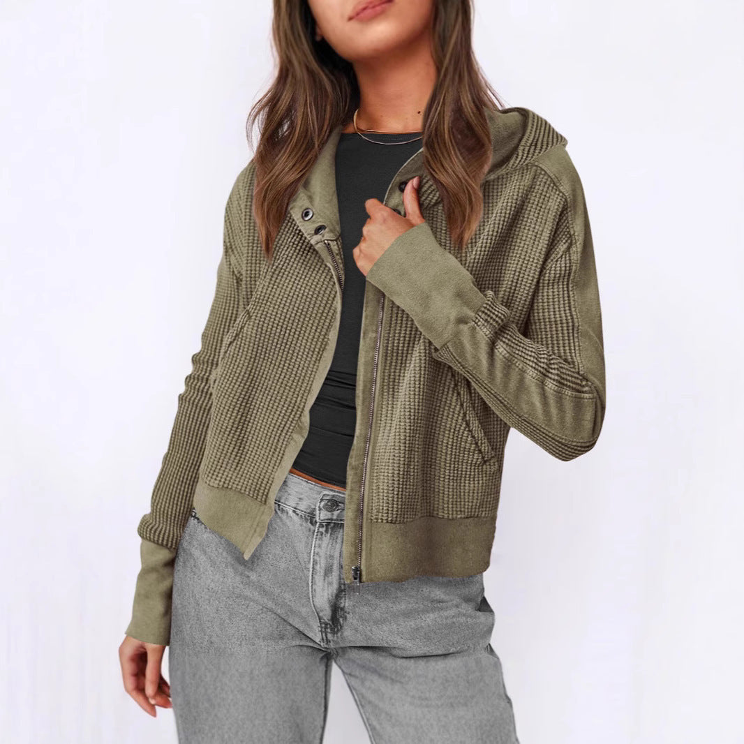 Damen lässige Zip-Jacke mit Kapuze und strukturiertem Design EB
