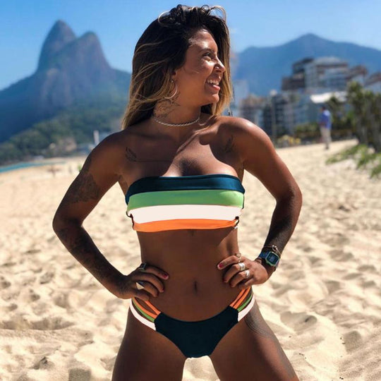 Damen Bandeau-Bikini mit farbigen Streifen EB