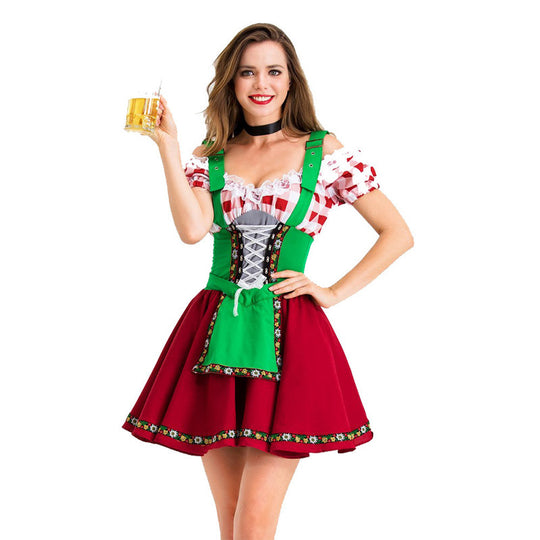 Damen nan Party-Dirndl Minikleid im Oktoberfeststil mit verstellbaren Trägern, Spitzenbesatz und bestickter Schürzenapplikation EB
