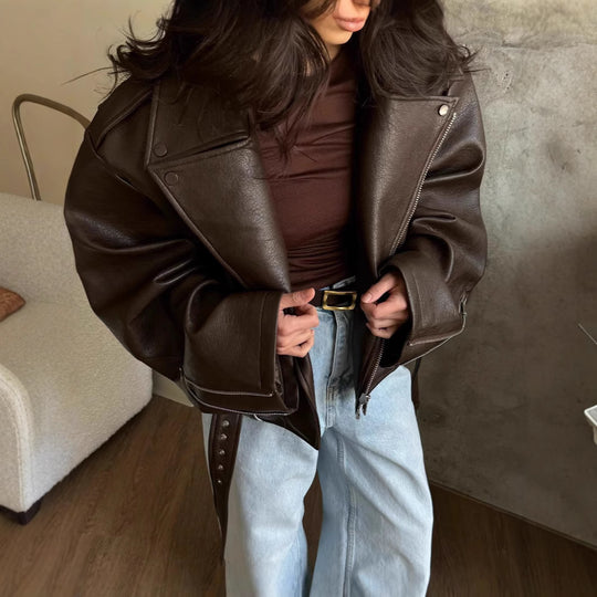 Damen elegante Kunstlederjacke mit Gürtel und übergroßen Ärmeln EB