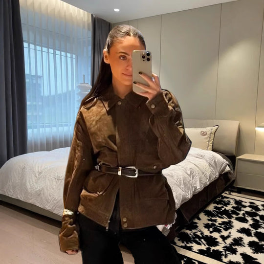 Damen stylische Utility-Jacke mit Gürtel und praktischen Taschen EB