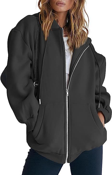 Damen nan oversized Kapuzenjacke mit durchgehendem Reißverschluss Kängurutaschen und weichem Sweatmaterial EB
