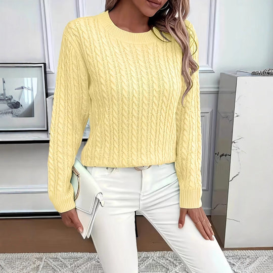 Damen Kurz geschnittener Zopfmuster-Strickpullover mit Rundhalsausschnitt EB