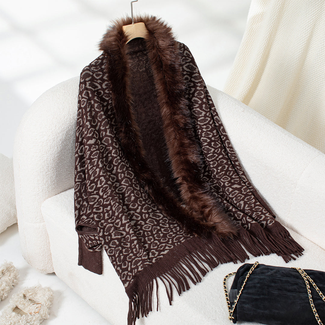 Damen eleganter Strickponcho mit luxuriösem Kunstfellkragen und fransigem Saum EB