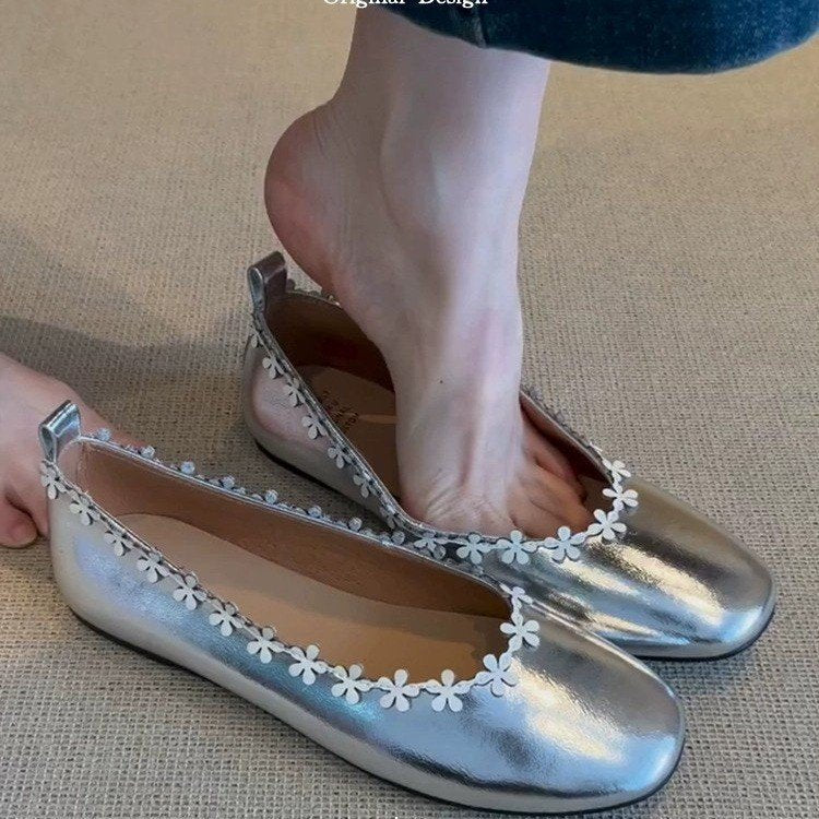 Damen bequeme Filz-Ballerinas mit zartem Blumenapplikationsdesign EB