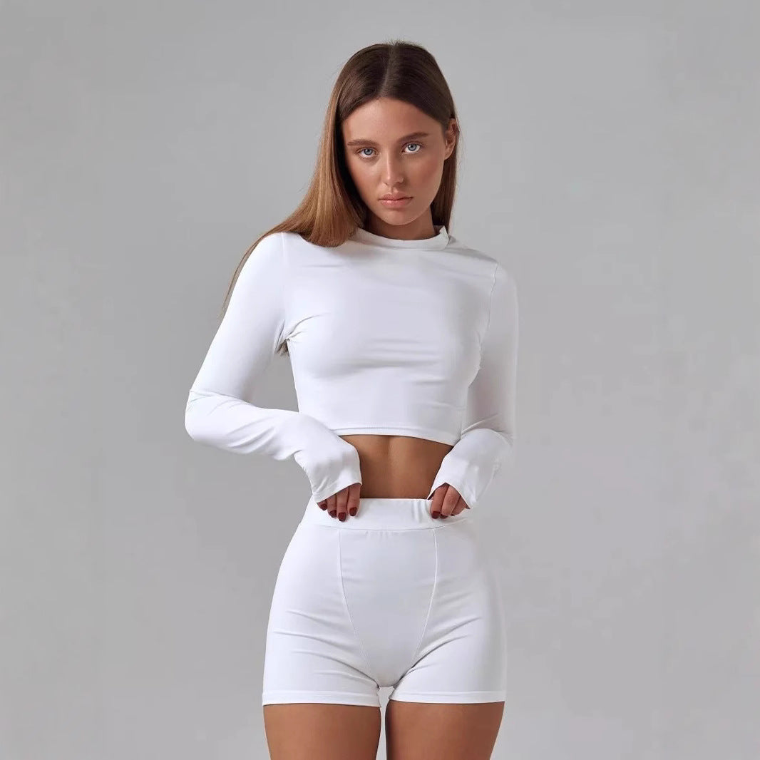 Damen sportliches Crop-Top mit langem Arm und Daumenlöchern EB