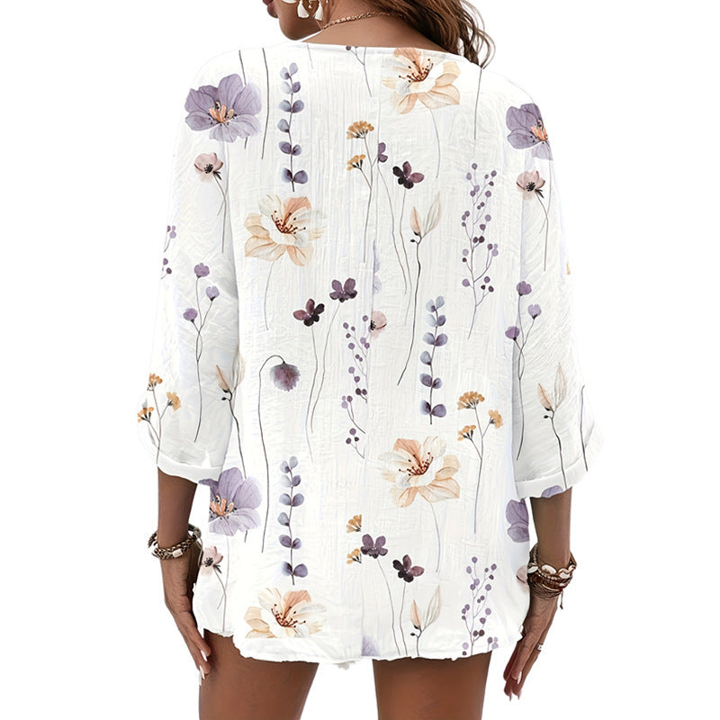 Damen Lässiges Blusenshirt mit floralem Druck und Knopfverschluss EB