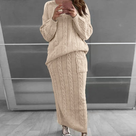 Damen nan Strickset Oversized Zopfmuster-Pullover und Maxi-Bleistiftrock mit aufgesetzter Tasche EB
