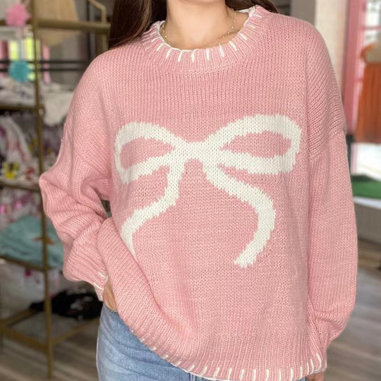 Damen Grob gestrickter Pullover mit dekorativem Schleifenmuster und kontrastierenden Abschlüssen EB