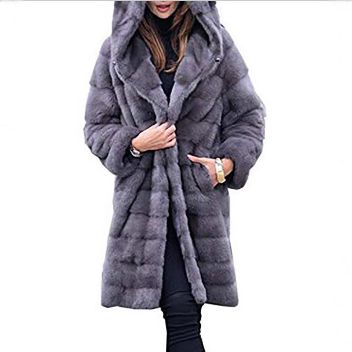 Damen nan oversized Kunstfellmantel mit Kapuze und gestepptem Paneldesign EB