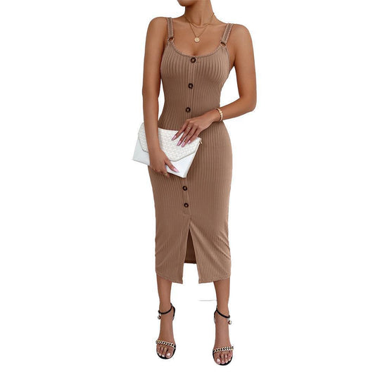 Damen Knielanges Kleid mit vertikalem Rippdesign und praktischen Knopfdetails EB