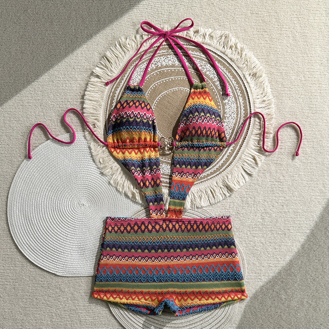 Damen Bikini mit buntem Ethno-Muster und verstellbaren Trägern EB