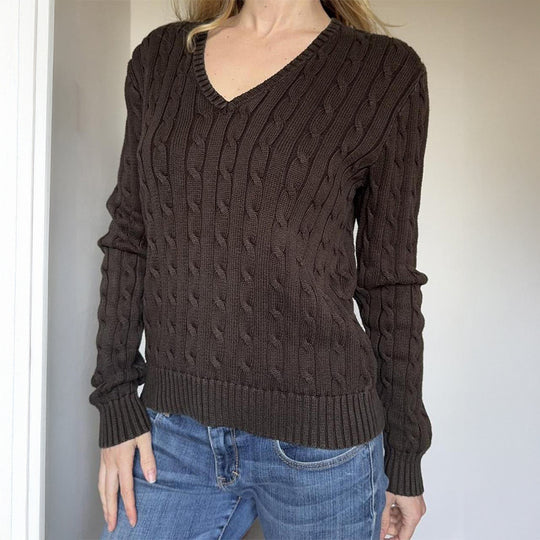 Damen nan Premium-Baumwollmix Zopfstrickpullover mit tiefem V-Ausschnitt und taillierter Silhouette EB