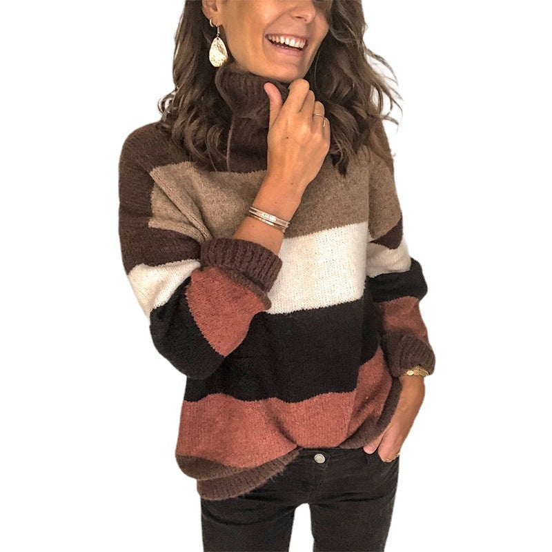 Damen Grobstrickpullover mit hohem Kragen und gestreiftem Design EB