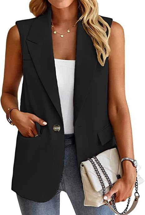 Damen ärmellose Blazerjacke mit Taillenakzenten und praktischen Taschen EB