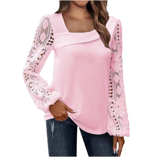 Damen Bluse mit floralen Spitzenärmel und voluminösem Schnitt EB
