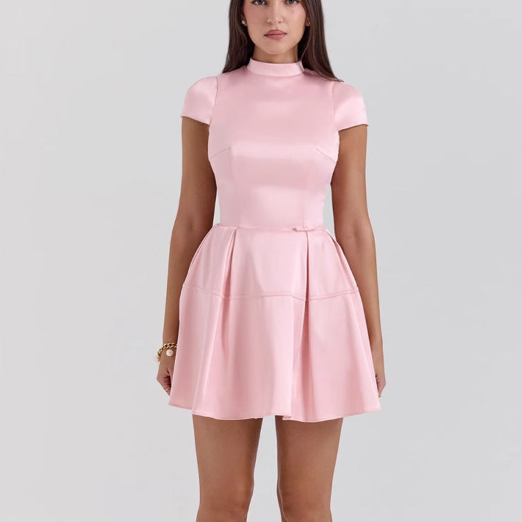 Damen Satin Cocktailkleid mit Stehkragen und voluminösem Rock EB