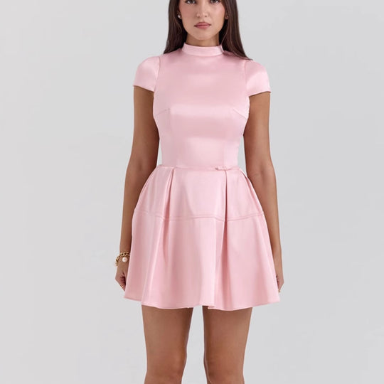 Damen Satin Cocktailkleid mit Stehkragen und voluminösem Rock EB