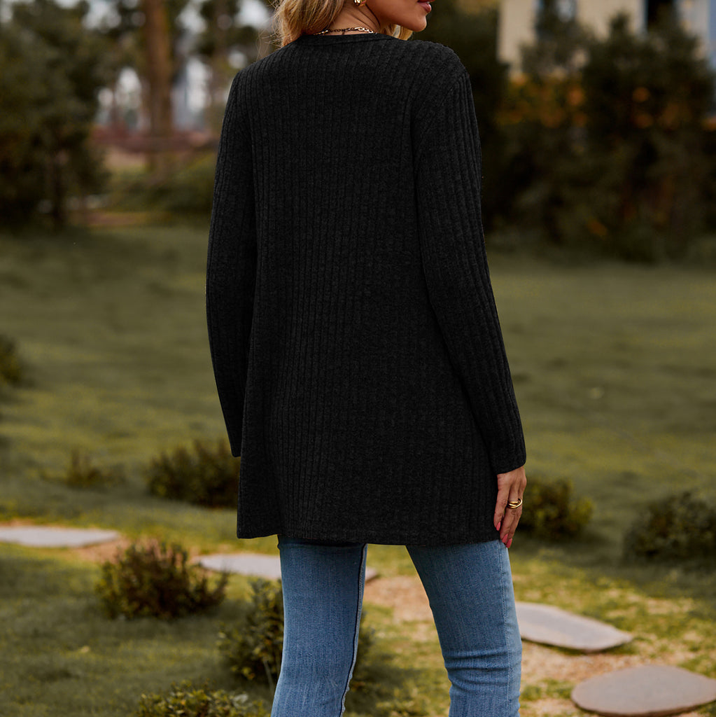 EB | Strickjacke Wollstrick Lässige Passform Knöpfe Rippstrick mit Taschen